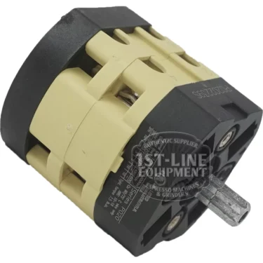 The I.2417 3 Position Switch for KAP Machine features a yellow and black plastic body, a metal shaft, technical side markings, and the 1st-Line Equipment logo—ideal for KAP machine setups. © 2025 1st-line.com