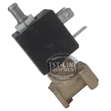 The I..259 3 WAY SOLENOID - 230V 5W 1/8F, featuring a black rectangular coil on a metal base, is displayed at an angle on a white background with the 1st Line Equipment watermark across the valve. © 2025 1st-line.com