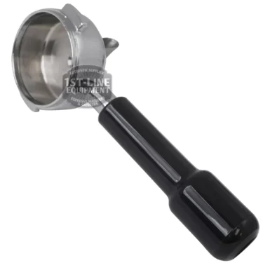The La Cimbali ALINA FILTERHOLDER, featuring a shiny metal basket and black handle for holding coffee grounds in a coffee machine, is displayed against a white background. © 2025 1st-line.com