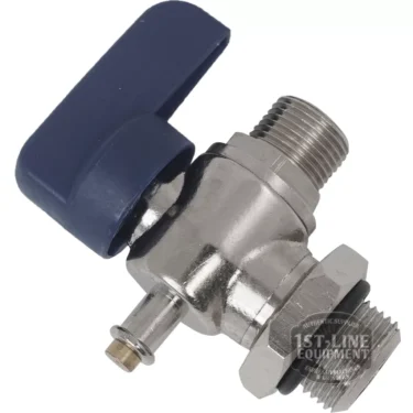 The V..156 MALE PURIFIER TAP is a metal valve with threaded ends and a blue plastic lever handle, designed to control fluid flow in piping systems. © 2025 1st-line.com