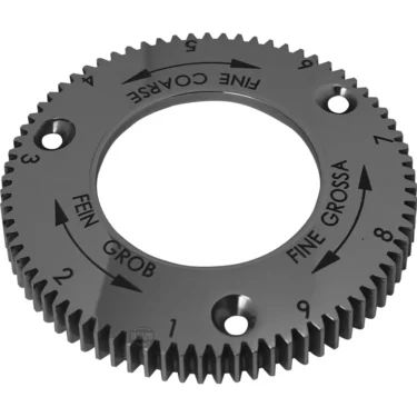 The ECM G1140 Stainless Steel Grinding Adjustment Gear is circular, features numbered teeth (1–9), and has arrows labeled FINE/COARSE and FEIN/GROB to show adjustment directions in English and German. © 2025 1st-line.com