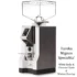 A Eureka Mignon Specialita Espresso Coffee Grinder with a white body, chrome chute, digital display, and walnut wood side panels. The text details the model and its features on a plain white background. © 2025 1st-line.com