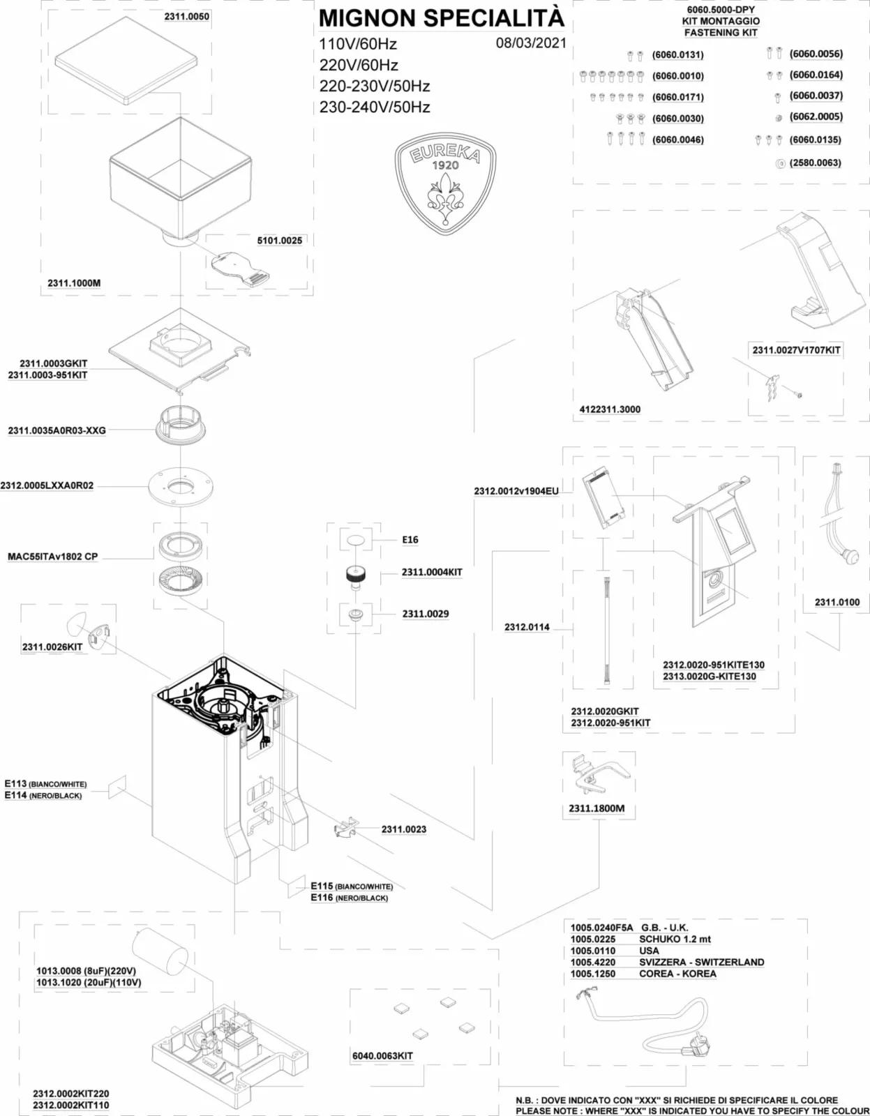 Exploded view parts diagram of the Eureka Mignon Specialità coffee grinder, showing labeled components—including the grinder body, hopper, burrs, screws, and wiring—with a comprehensive parts list and specifications at the top. © 2025 1st-line.com