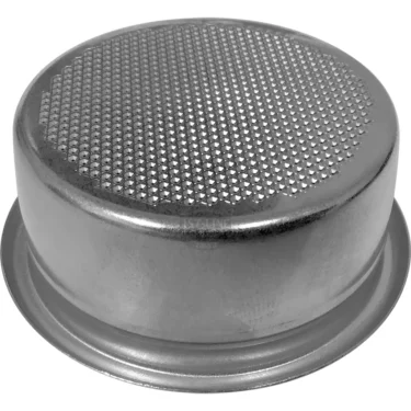 The 1st-line V122K 3 Cup 58mm Filter Basket is a round metal basket with a perforated, textured bottom and smooth sides, similar in appearance to pans used for baking pizza or bread. The basket is displayed upside down. © 2025 1st-line.com