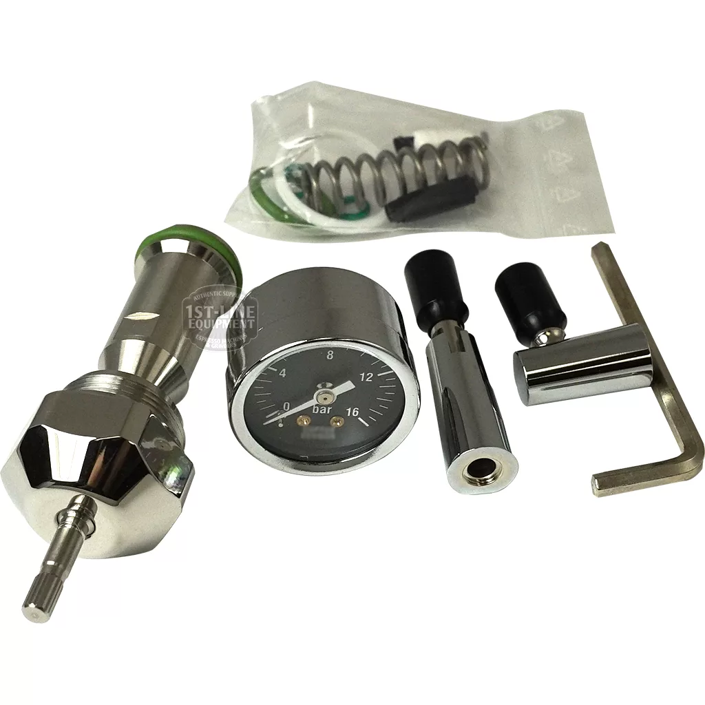 The E61 Grouphead Flow Control Kit includes a metal CO2 regulator with a pressure gauge, adjustment knob, L-shaped hex key, spare O-rings, spring, and two small black parts—perfect for espresso lovers. Displayed on a white surface. © 2025 1st-line.com