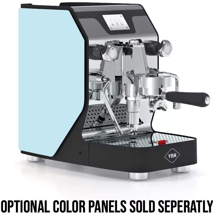 The VBM Domobar Super Analogic HX Espresso Machine w/ Flow Control features a digital display, light blue side panels, portafilter, and sits on a perforated drip tray. OPTIONAL COLOR PANELS SOLD SEPARATELY. © 2025 1st-line.com