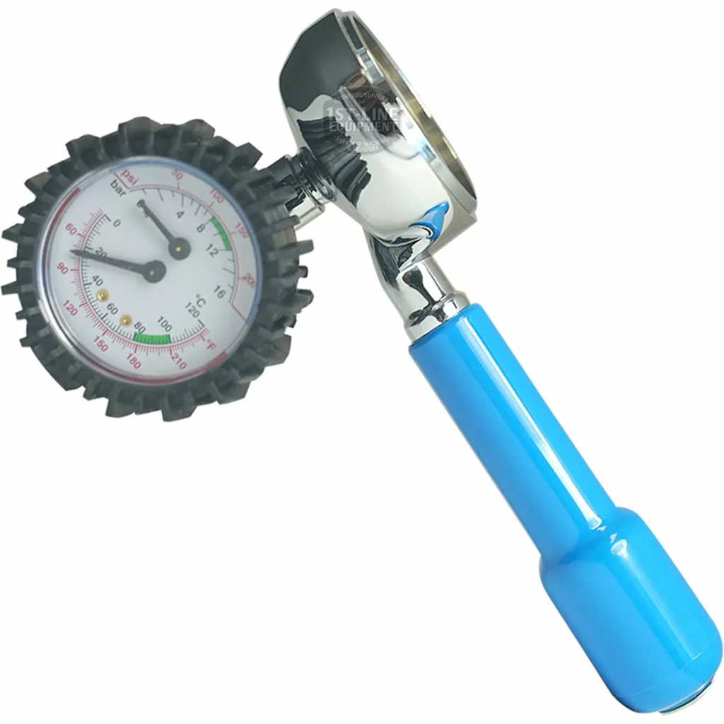 The Faema/Wega Portafilter with Thermo-Manometer features a round dial resembling a thermo-manometer, with measurement markings and needle indicator, black gear-like rubber casing, metallic head, and blue handle. © 2025 1st-line.com
