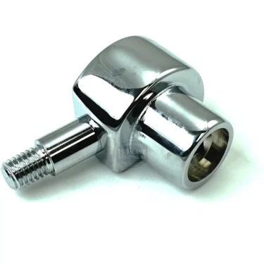 A shiny, chrome-plated ECM P1000.2 E61 Lever Axis Group connector with a threaded end and hollow cylindrical opening rests on a white surface. © 2025 1st-line.com