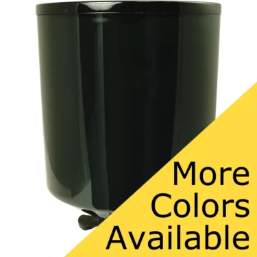 A glossy black round Eureka Zenith Hopper Blow Up Retention System with a drainage hole, partially covered by a yellow banner that reads ‘More Colors Available’ in bold black text. © 2025 1st-line.com
