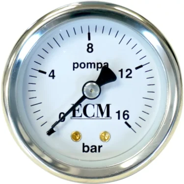The ECM P6055 Pump Pressure Gauge is a round analog gauge with ECM at the center, 0–16 bar scale, black needle at 10, and pompa and bar on a white face—perfect for monitoring your P6055 Pump. © 2025 1st-line.com