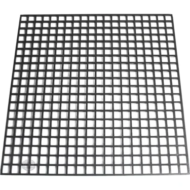 The Faema BLACK CUP WARMING GRID, shown from above with evenly spaced square openings on a white background, is ideal for use with Faema cup warming trays. © 2025 1st-line.com