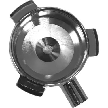 A top-down view of a shiny metallic portafilter with three spouts, used for espresso, shown paired with the discontinued P..332 Silicone Pipe for optimal brewing. © 2025 1st-line.com