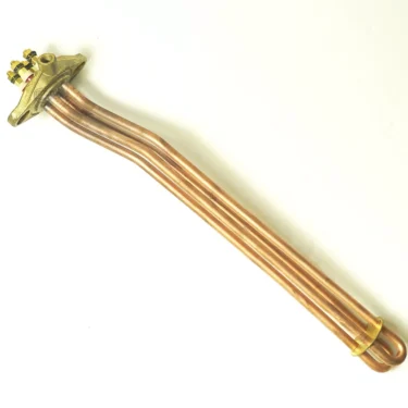 The Faema F.2437 HEATING ELEMENT 2GR 3700W 220V features a brass mounting plate, three bent copper tubes, electrical terminals, and a base mounting gasket, shown on a white background. © 2025 1st-line.com