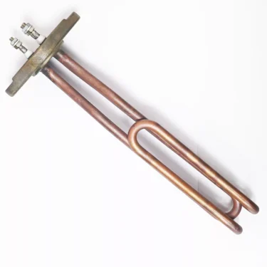 The Faema F....7 HEATING ELEMENT 1GR 1800W 230V features a copper tubular body, metal mounting plate, and two terminals, suitable for 230V systems. Isolated on a white background. © 2025 1st-line.com