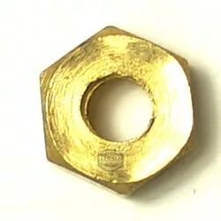 A close-up of the W..130 GASKET HOLDER NUT M3, featuring a brass hexagonal shape with a circular center hole, displayed on a plain white background. © 2025 1st-line.com