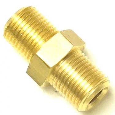 A close-up of the V..870 1/8 M X 1/8 M FITTING, showing male threads on both ends and a central hexagonal section designed for tightening. © 2025 1st-line.com