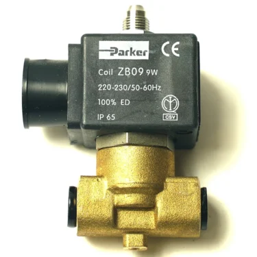 A Parker P..181 Shower with brass body and THREAD connections, featuring a black coil (Coil ZB09 9W, 220-230V, 50-60Hz, IP65), shown against a white background. © 2025 1st-line.com