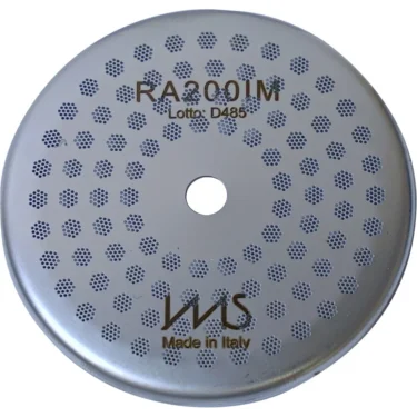 The 1st-Line IMS Competition Shower Dispersion Screen is a round metallic screen with a central hole and a hexagonal pattern, labeled RA200IM Lotto: D485 and IMS Made in Italy in black—ideal for espresso enthusiasts. © 2025 1st-line.com
