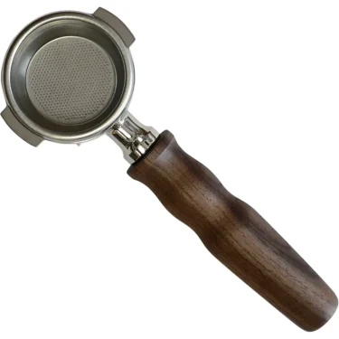 The 1st-line Stainless Steel 2-cup 58mm Portafilter with walnut handle is designed for E61 espresso machines, featuring a metal filter basket and durable stainless steel construction. © 2025 1st-line.com