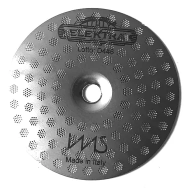 A circular metal disk with a hexagonal pattern, engraved Elektra 06019035 Competition Shower/Dispersion Screen, Lotto: D446, Made in Italy, and the WB logo at the bottom. © 2025 1st-line.com