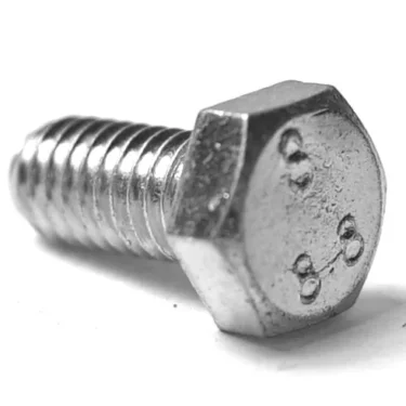 A close-up of a metallic hex bolt with threaded shaft and three raised head markings, positioned on a white surface next to the F..275 WATER INLET HANDLE. © 2025 1st-line.com