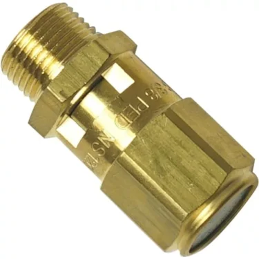 A close-up of the 1st-line Safety Valve 3/8 2.5 Bar shows its threaded ends for piping systems and a hexagonal section for wrench tightening, ideal for controlling fluid flow. © 2025 1st-line.com