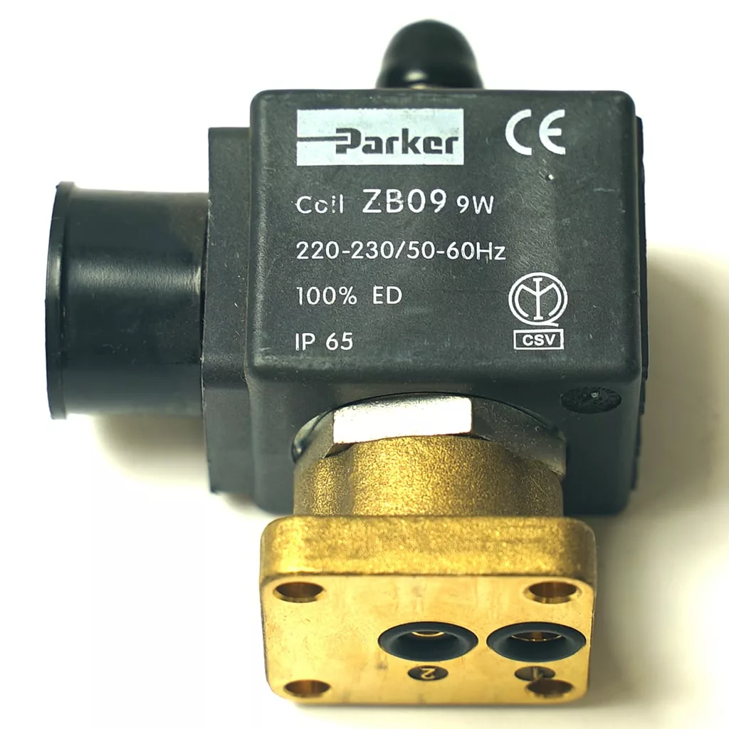 Faema 3-WAY 230V/9W Parker Ruby solenoid valve coil with visible product labels and IP65 rating.