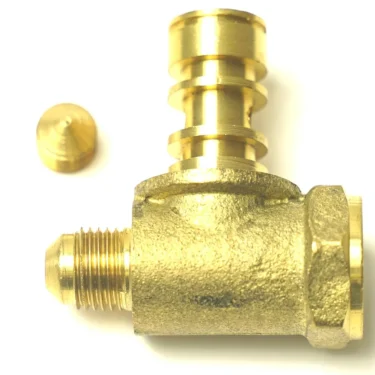 Close-up photo of the F..481 NO STOP STEAM/WATER VALVE KNOB BEZEL, shown with a brass fitting featuring threaded and ribbed ends, a small brass cap, and a valve knob on a white background. © 2025 1st-line.com