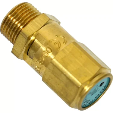 The 1st-line Safety Valve 3/8 Bar Certified PED is a brass non-return valve with threaded ends, engraved markings, and a blue label on one end, displayed against a white background. © 2025 1st-line.com