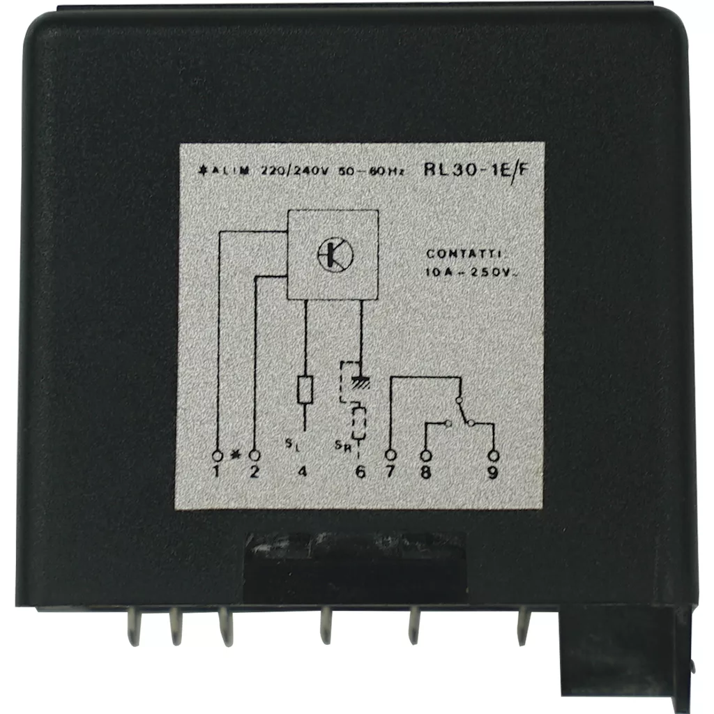The Bezzera 7661025 Electronic Board/Brain is used for auto water refill or water level regulation, featuring a black relay with a silver label showing wiring, technical specs (220/240V 50Hz, RL30-1E/F), and numbered connection pins. © 2025 1st-line.com