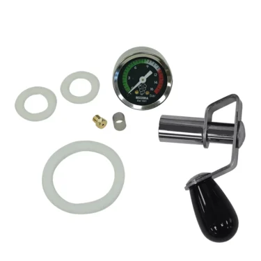 The Bezzera 5900573 Black Knob Flow Control Kit V1 & V2 includes a pressure gauge set, three white gaskets, a brass fitting, a black knob, a small metal cylinder, and a metal tool—all displayed on a white background. © 2025 1st-line.com