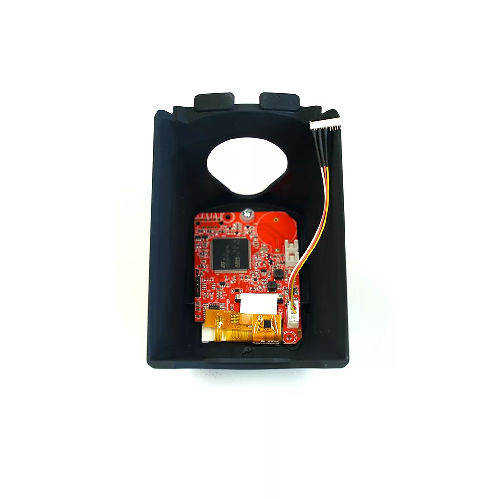 The Fiorenzato 900001319/R Complete Touchpad Assembly V220/110 Deepblack Mat with Adapter is shown from above, featuring a black plastic casing, exposed red circuit board, multiple components, and connected wires on a white background. © 2025 1st-line.com
