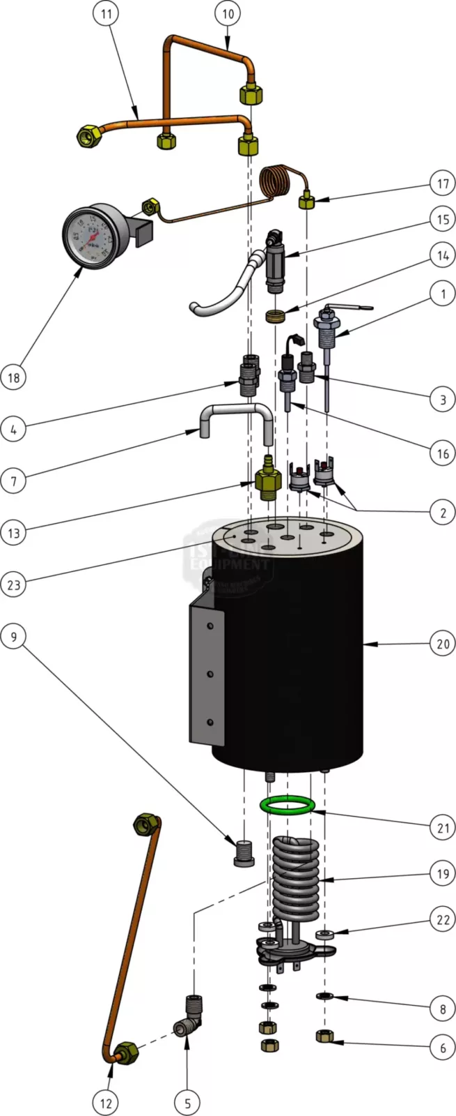 Exploded diagram of a mechanical device showing 23 labeled parts, including pipes, a gauge, coils, connectors, springs, and a cylindrical black main component at the center with detailed assembly lines. © 2025 1st-line.com