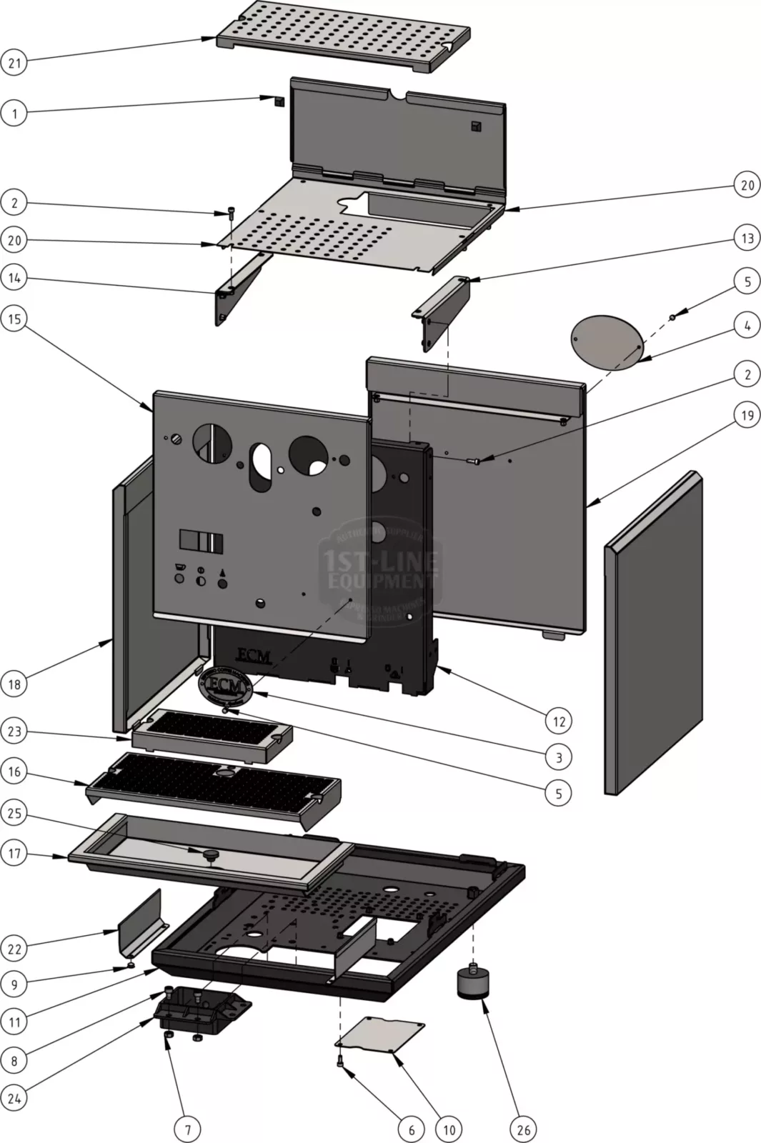 Exploded diagram of a metal cabinet or electronic device enclosure, showing individual components like panels, screws, brackets, circuit boards, and a fan, each labeled with numbered callouts. © 2025 1st-line.com