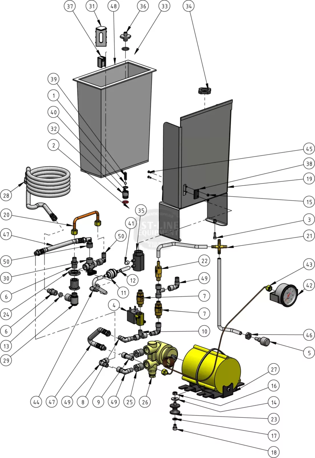 Exploded diagram of a water pump system showing labeled parts, including a tank, pipes, pump, pressure gauge, valves, fittings, and connectors, with lines indicating how components assemble together. © 2025 1st-line.com