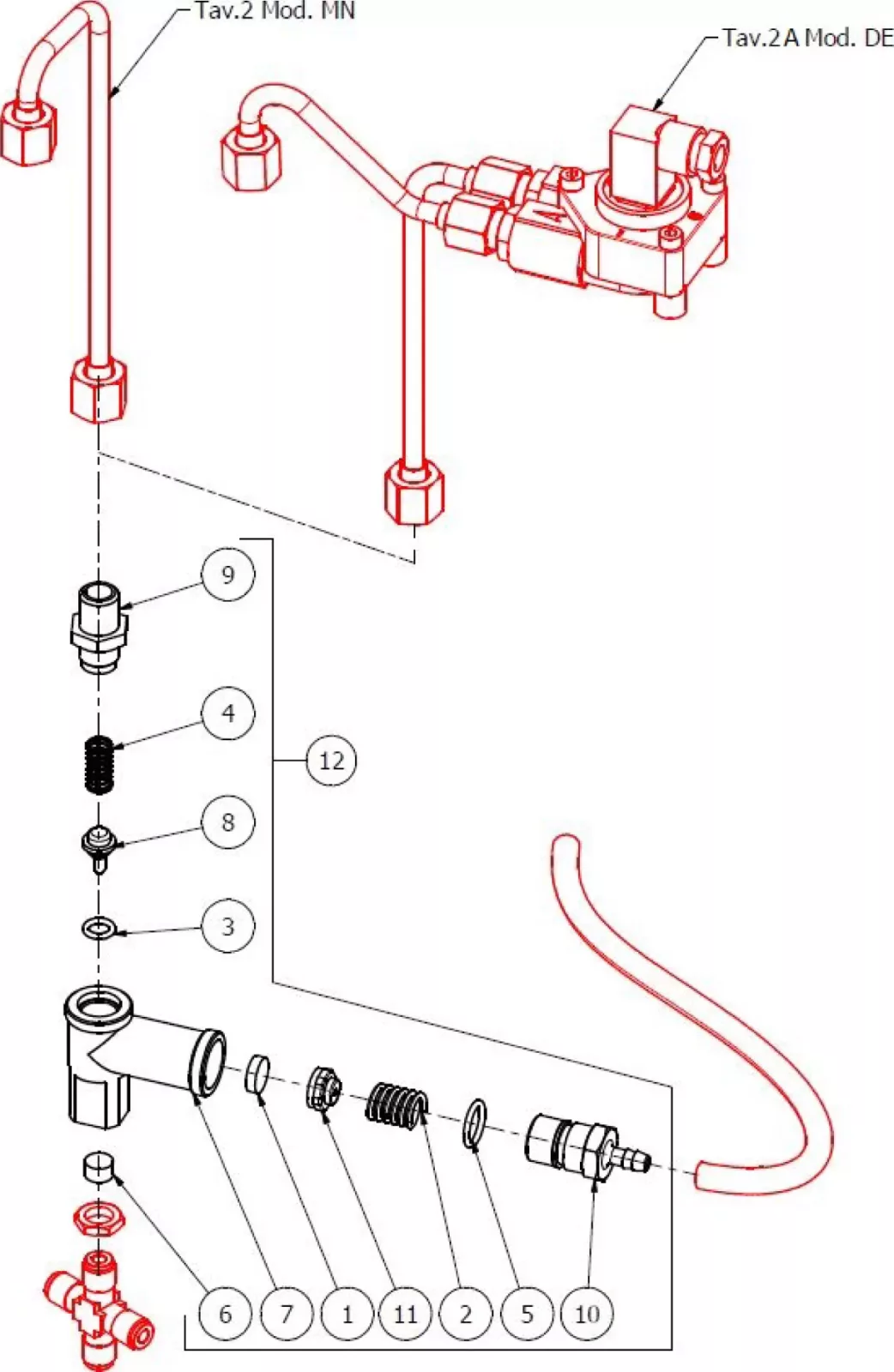 Exploded diagram of a faucet assembly showing individual numbered components, including pipes, valves, washers, springs, and connectors, with some parts highlighted in red and others in black line art. © 2025 1st-line.com