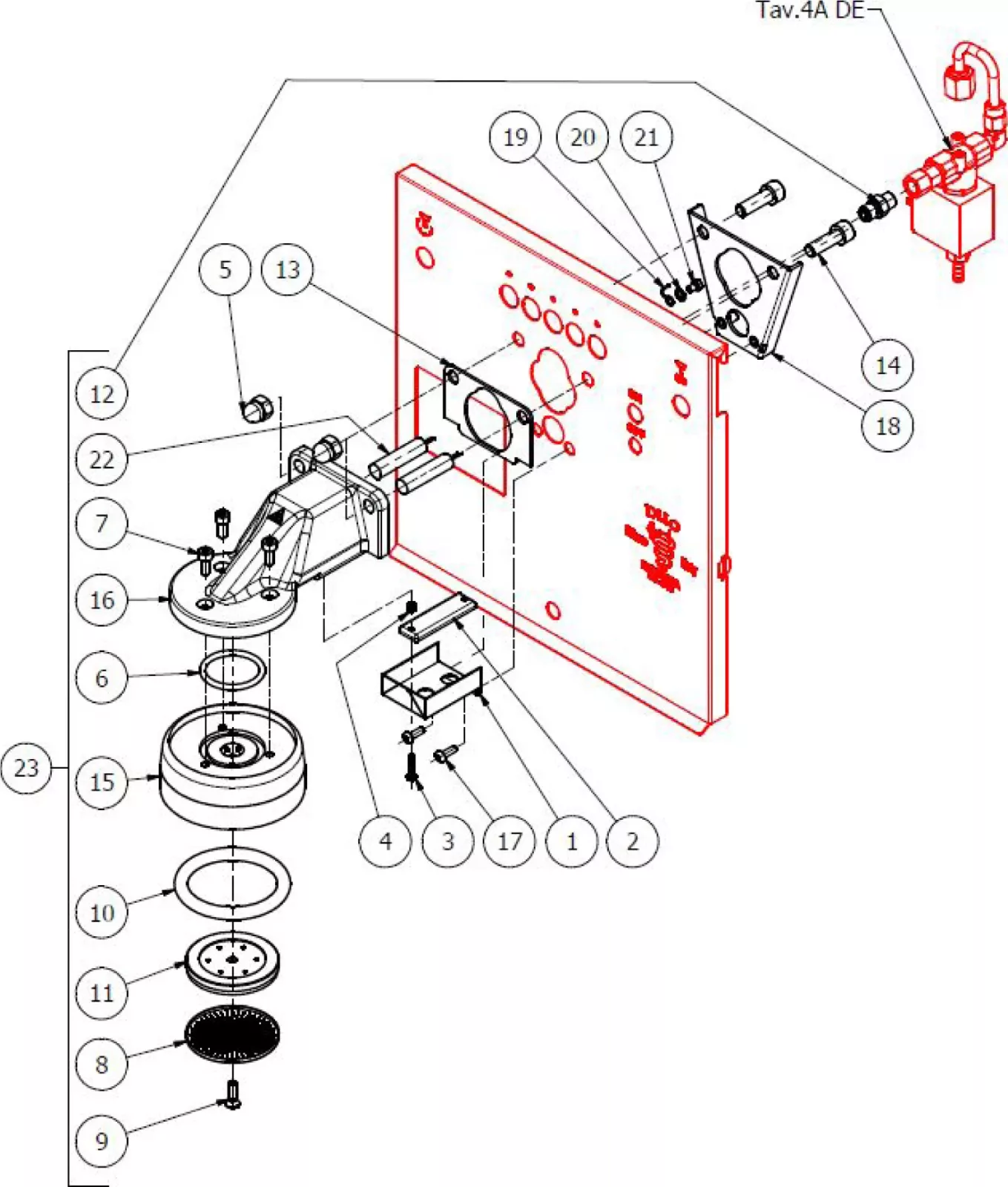 Exploded diagram of a mechanical assembly with numbered components, including gears, screws, a mounting plate, and connecting rods, shown separated for clarity. A control unit and a valve are also depicted on the right side. © 2025 1st-line.com
