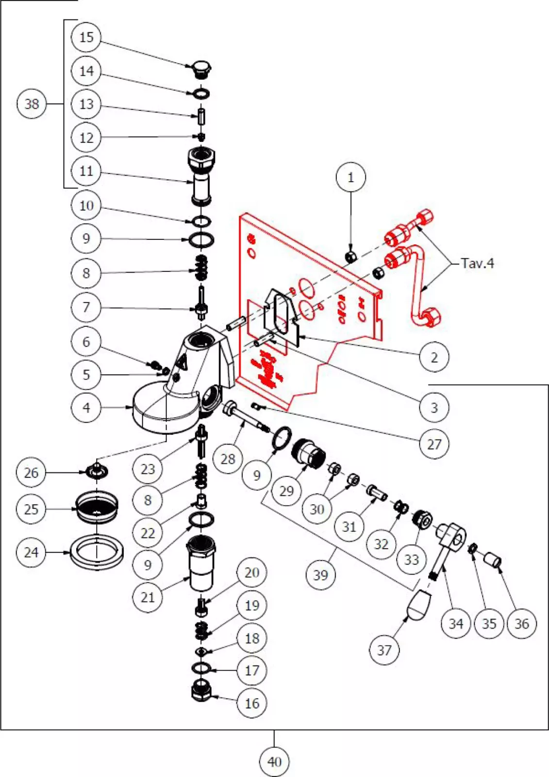 Exploded diagram of a mechanical assembly with numbered parts, including screws, washers, cylinders, and a mounting plate, showing detailed components and arrangement for assembly or repair. © 2025 1st-line.com