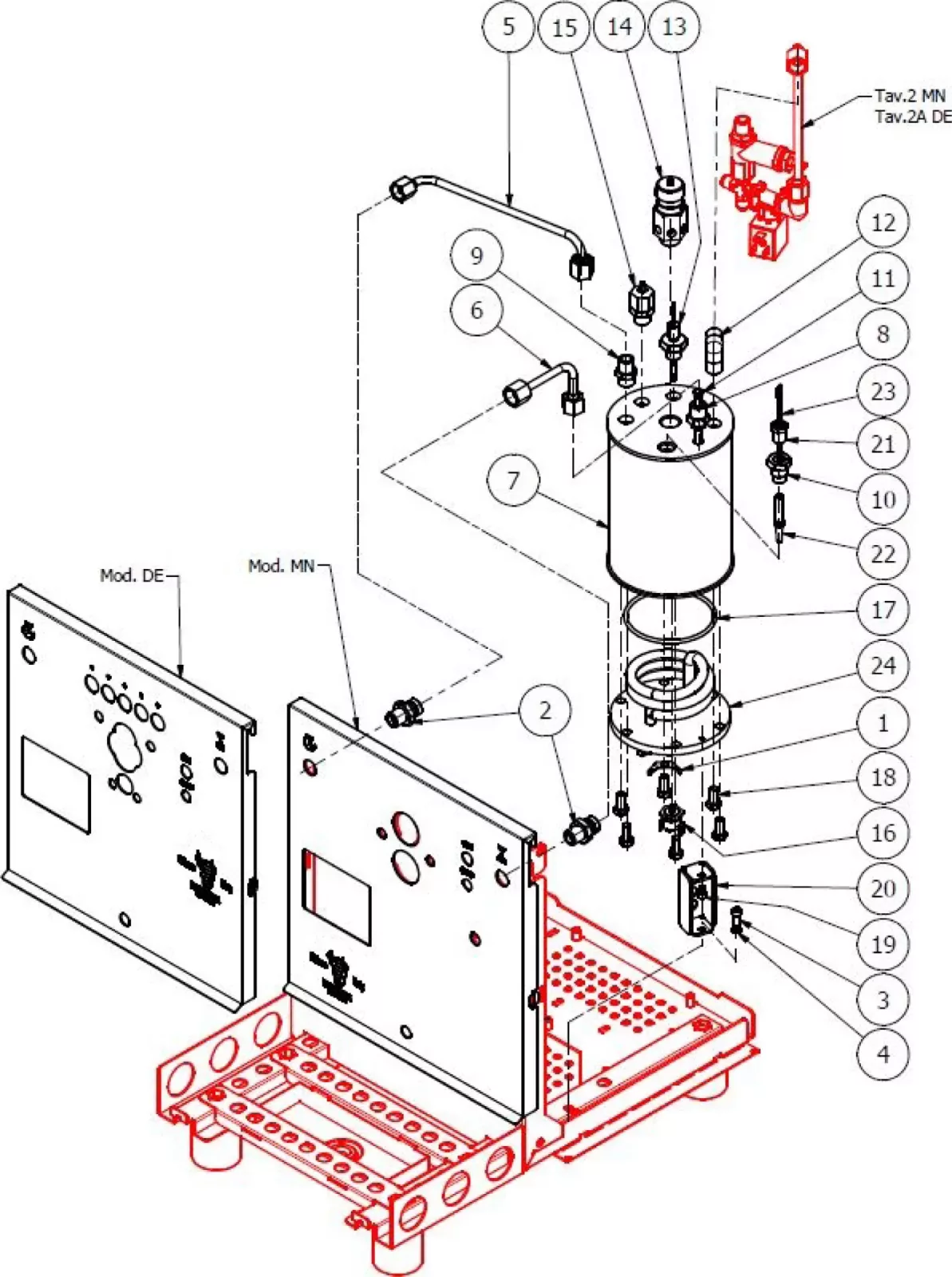 Exploded technical diagram of an electronic device, showing labeled components, wires, and panels arranged separately with numbered parts for assembly reference. Two main front panels and a central cylindrical unit are highlighted. © 2025 1st-line.com