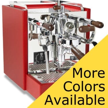 A shiny, red Torre Peppina EVO Premium V1 Dual Boiler Espresso Machine w/ FC featuring chrome and wooden accents is displayed on a white background. A yellow triangle in the foreground reads “More Colors Available” in black letters.