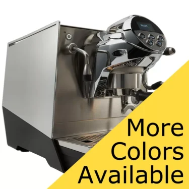 A shiny stainless steel Faema Faemina Dual Boiler Espresso Machine with digital controls is displayed. A yellow diagonal banner in the foreground reads More Colors Available in large black letters. © 2025 1st-line.com