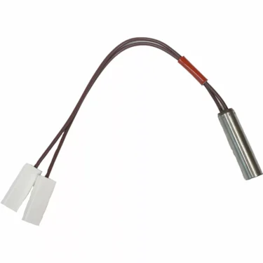 The Bezzera 5963306 Cartridge Heating Element 110V 100W is a metal cylindrical temperature sensor with two brown wires and white plastic connectors, ideal for compatible applications. © 2025 1st-line.com