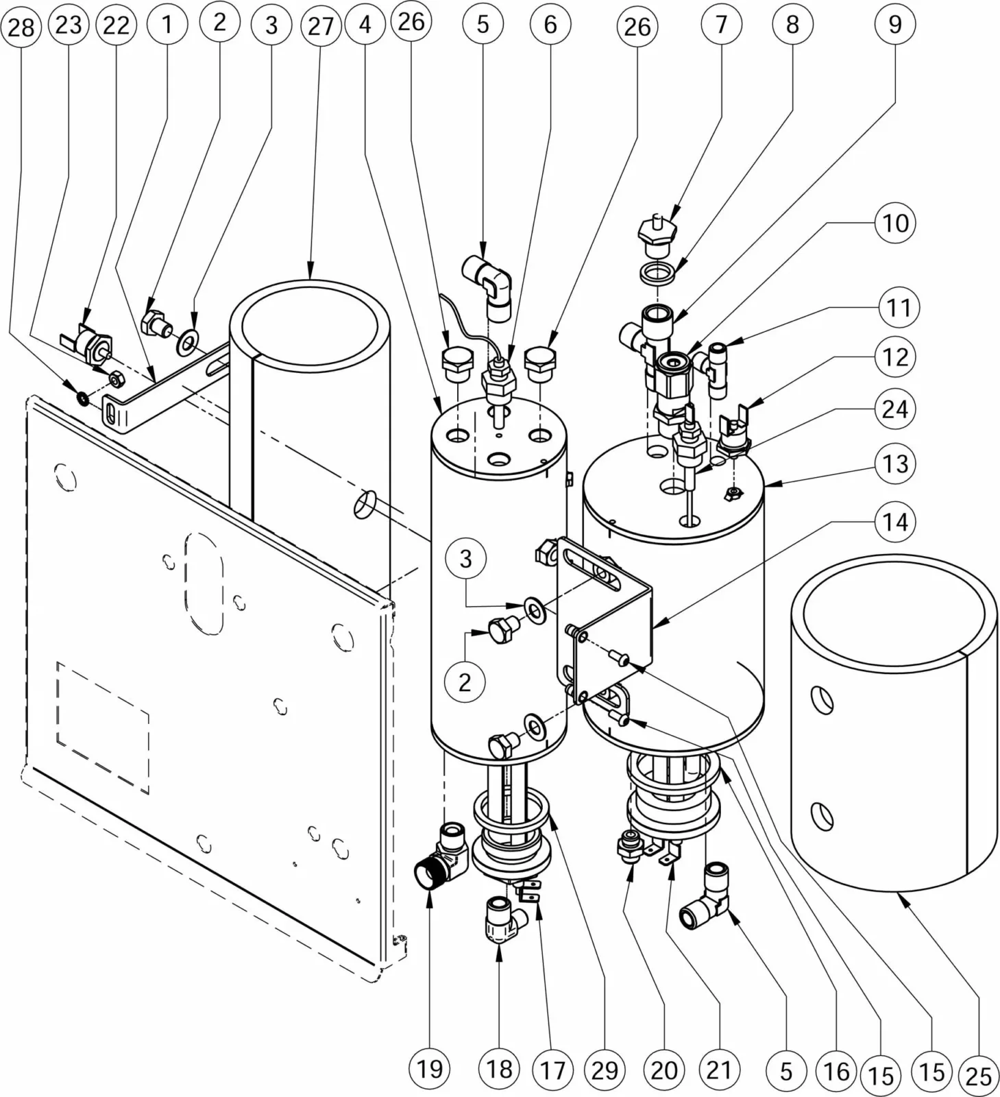 Exploded parts diagram of the Torre Peppina EVO cylindrical mechanical device, showing labeled pipes, valves, connectors, mounting plates, tanks, and screws; each numbered for easy identification and assembly. © 2025 1st-line.com