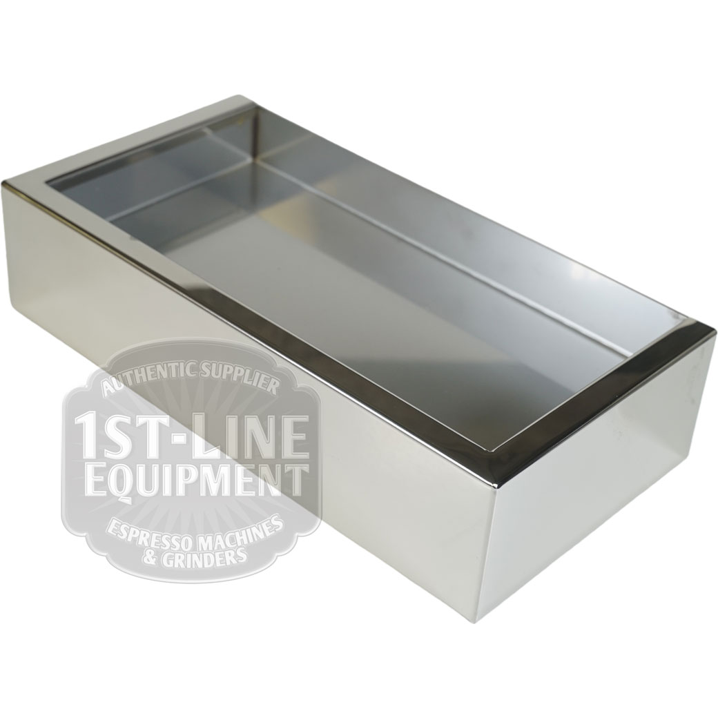 Rectangular stainless steel knock box for used coffee grounds, featuring an open top and reflective surface, designed to complement the Torre T02BAC001 stainless steel drip tray.