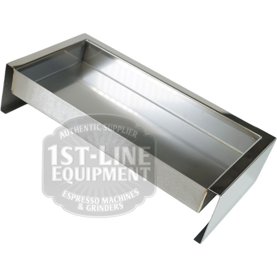 The Torre T02BAC001 Stainless Steel Drip Tray T02 features raised edges and an open front in a rectangular design, ideal as an espresso machine cup warmer tray. Shown photographed on a white background. © 2025 1st-line.com