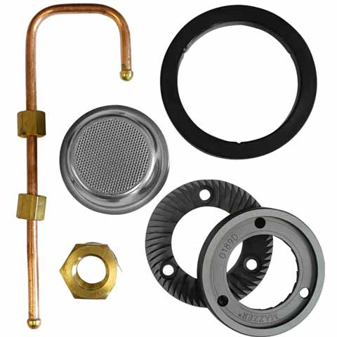 Premium coffee grinder parts, including a metal pipe, burrs, mesh filter, black ring, and brass nut, arranged on a white background—perfect for espresso machines and coffee grinders. © 2025 1st-line.com