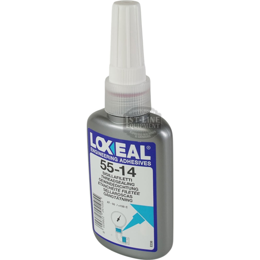 A 50 ml Loxeal 55-14 Threadlock container with a grey bottle, white nozzle, and blue label displaying multilingual product info. © 2025 1st-line.com