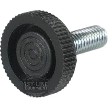 A close-up of a FOOT M10 metal screw with a large, round, ridged black plastic knob for hand-tightening against a white background. The knob displays the 1st-Line Equipment logo. © 2025 1st-line.com