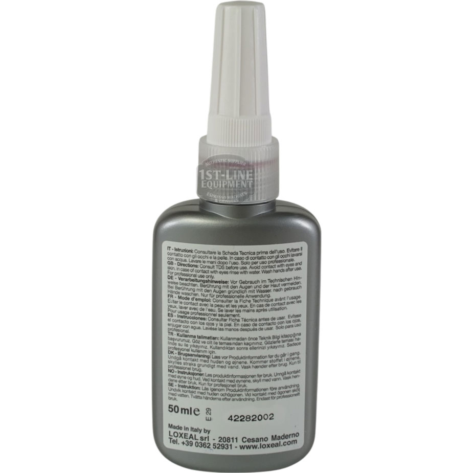 A gray plastic bottle with a white pointed nozzle cap displays the Loxeal 55-14 Threadlock branding and product details on the front label, including 50 ml size and manufacturer info. © 2025 1st-line.com