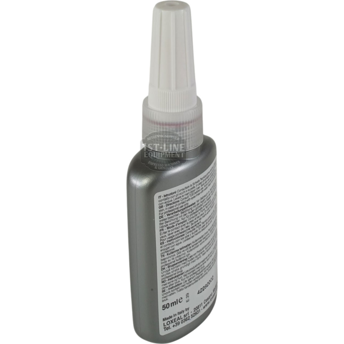 A gray plastic Loxeal 55-14 Threadlock 50 ml container with a white ribbed twist cap. The bottle has a label displaying product details and usage instructions in small print. © 2025 1st-line.com